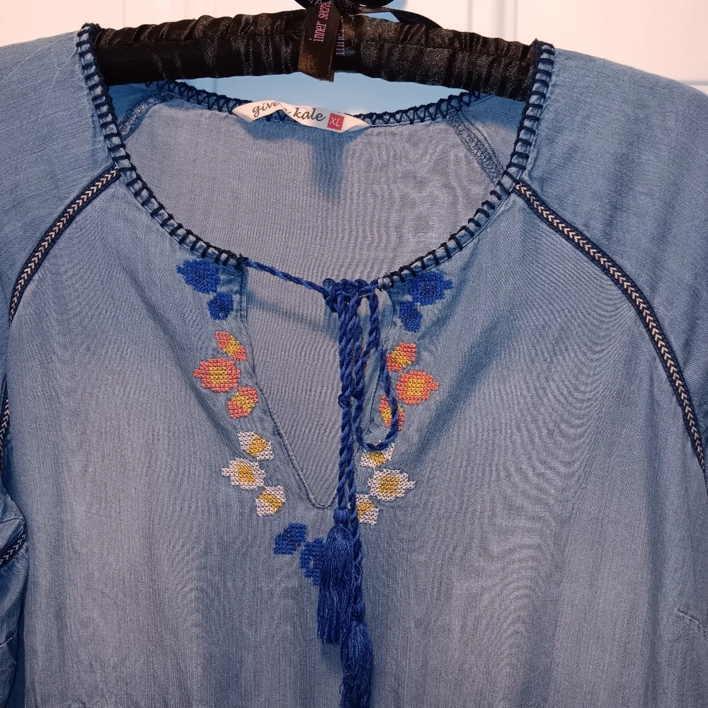 Given Kale Women's Dress XL Balloon Sleeves Embroidered Boho Tassel Flirty - Picture 4 of 8